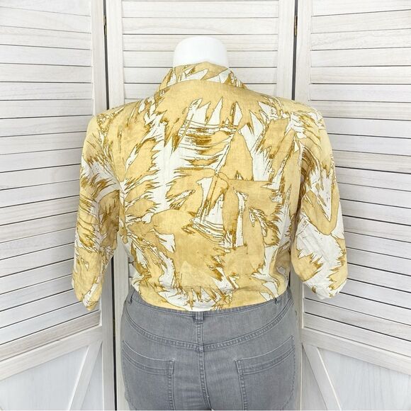 H&M Abstract Leaf Print Tie Front Crop Blouse Tan Cream Large Half Sleeve - Picture 6 of 15